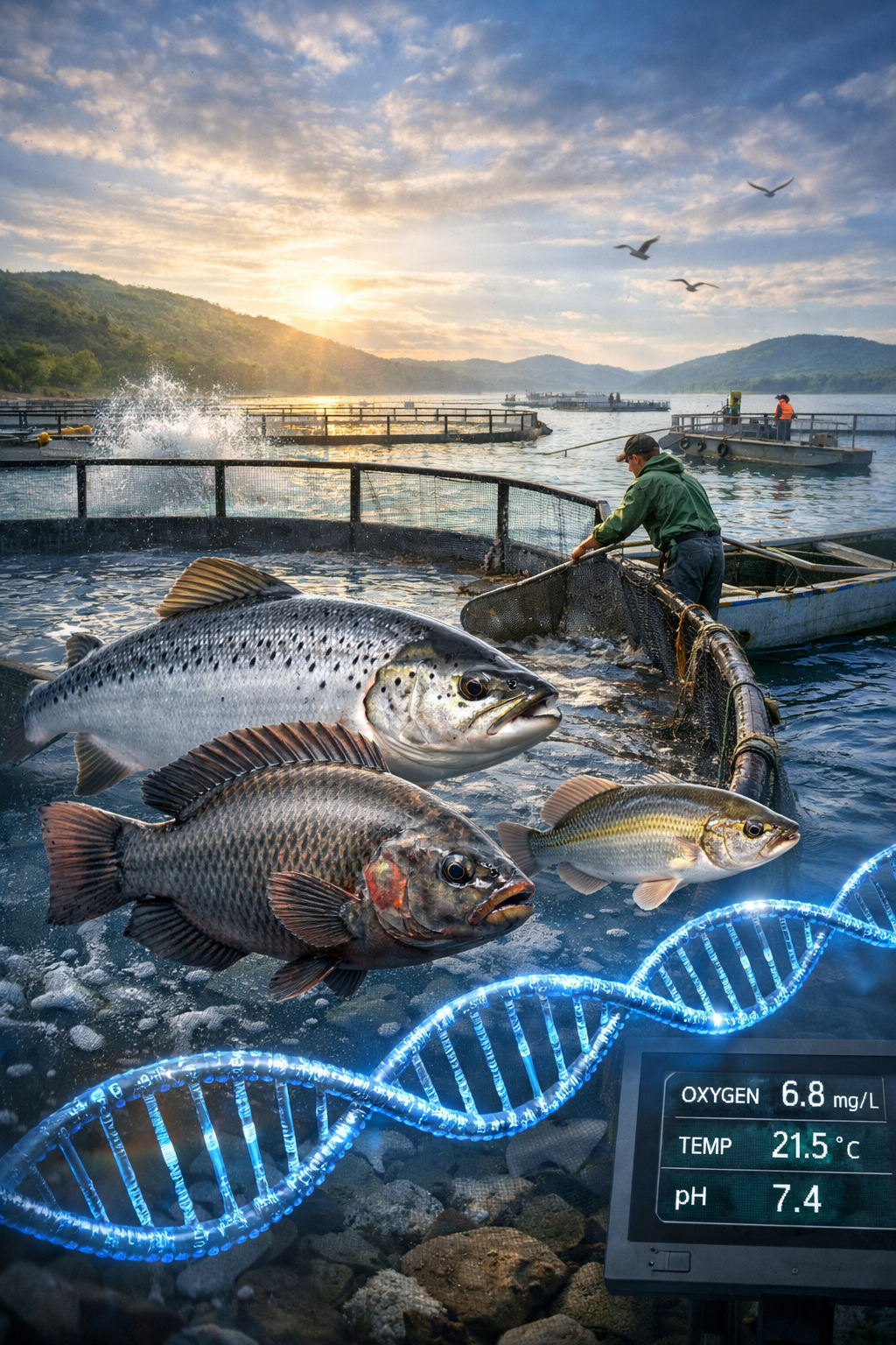 Fish farming scene showing resilient fish genetics in sustainable aquaculture